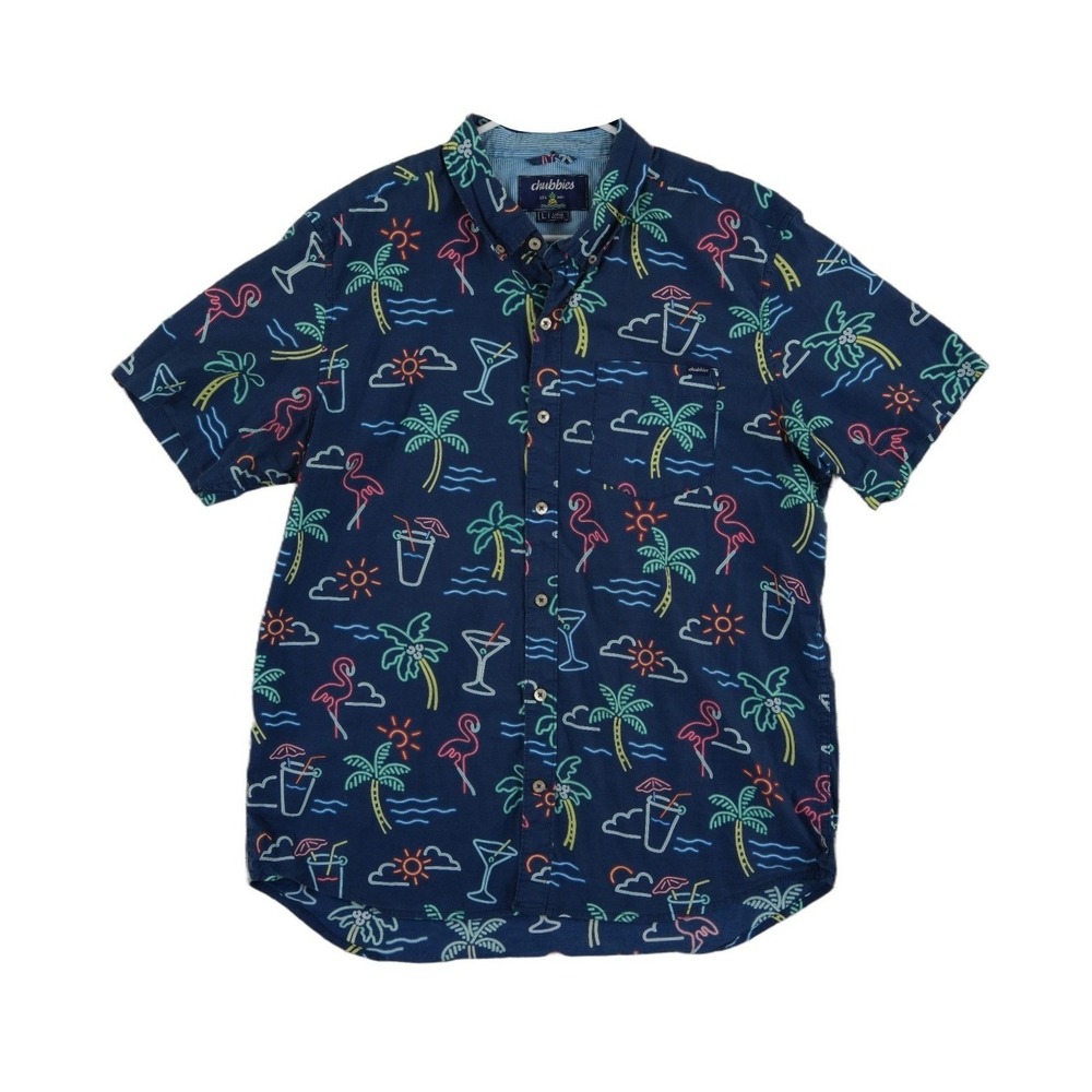 Chubbies Button Down Shirt Men's Size Large Navy Neon Tropical Flamingo Drinks